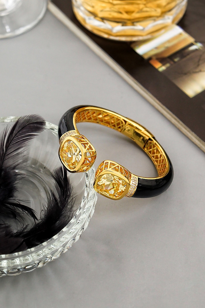 Gold Finish Black Enameled Cubic Zirconia Kada by Curio Cottage at Pernia's Pop Up Shop