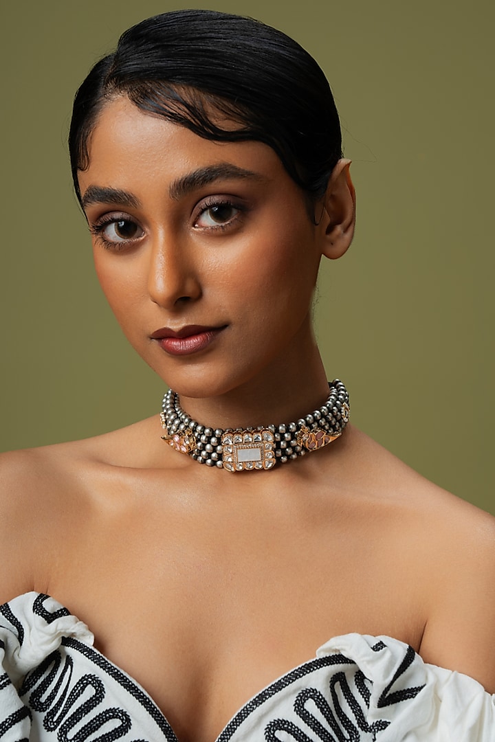 Two Tone Finish White Beaded & Pearl Choker Necklace by Curio Cottage at Pernia's Pop Up Shop