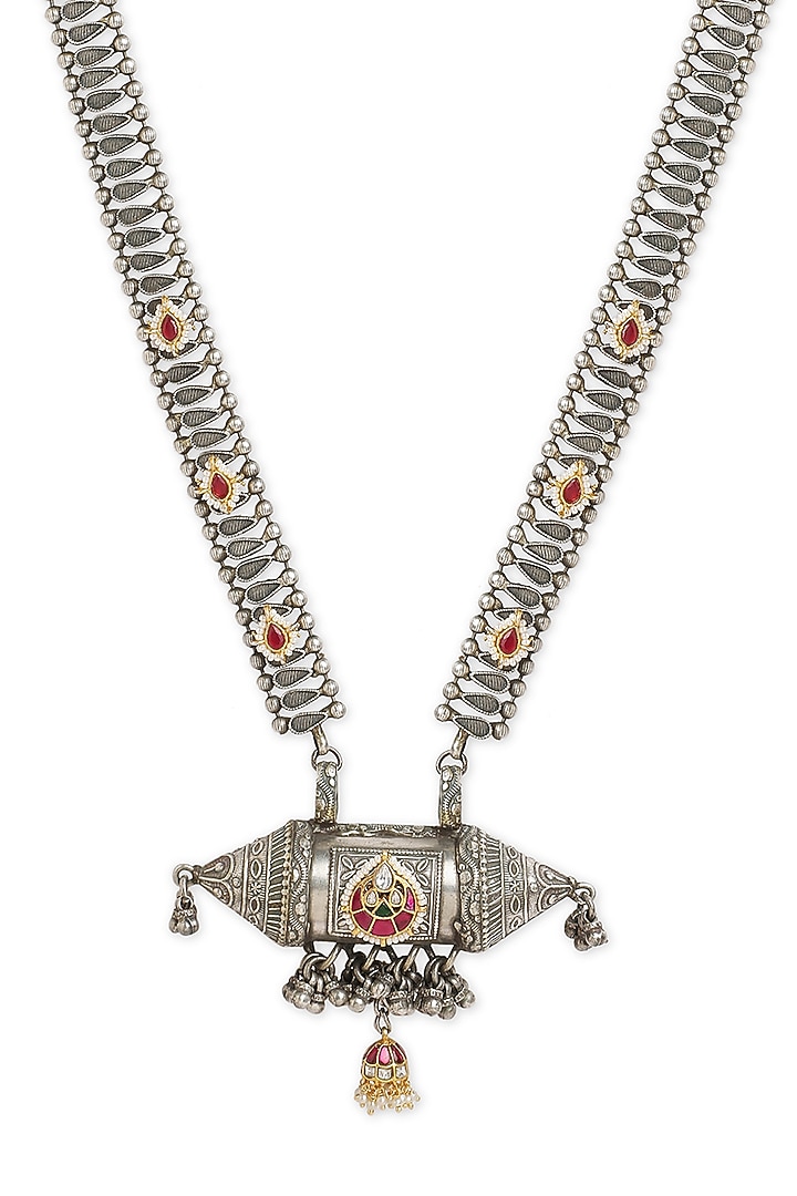 Oxidised Finish Multi-Colored Stone Long Pendant Necklace by Curio Cottage at Pernia's Pop Up Shop