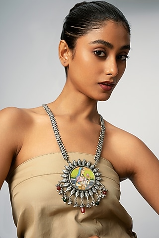 Oxidised Finish Hand Painted & Beaded Pendant Necklace by Curio Cottage