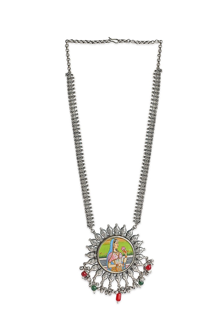 Oxidised Finish Hand Painted & Beaded Pendant Necklace by Curio Cottage at Pernia's Pop Up Shop