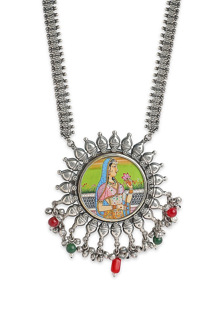 Oxidised Finish Hand Painted & Beaded Pendant Necklace by Curio Cottage at Pernia's Pop Up Shop