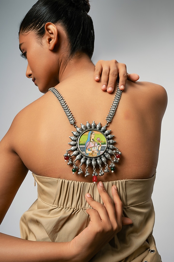 Oxidised Finish Hand Painted & Beaded Pendant Necklace by Curio Cottage at Pernia's Pop Up Shop