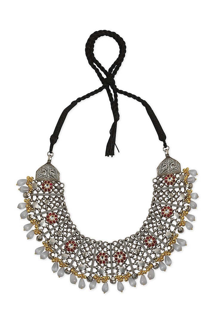 Oxidised Finish Pearl Drop Floral Necklace by Curio Cottage at Pernia's Pop Up Shop