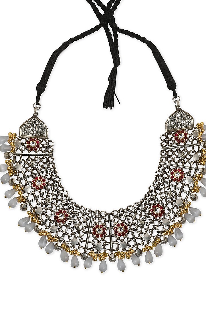 Oxidised Finish Pearl Drop Floral Necklace by Curio Cottage at Pernia's Pop Up Shop