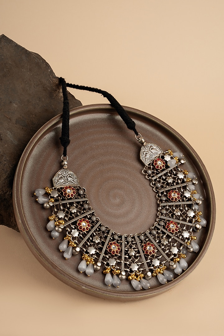 Oxidised Finish Pearl Drop Floral Necklace by Curio Cottage at Pernia's Pop Up Shop
