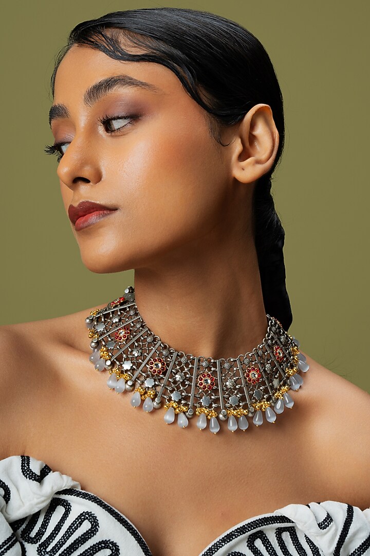 Oxidised Finish Pearl Drop Floral Necklace by Curio Cottage at Pernia's Pop Up Shop