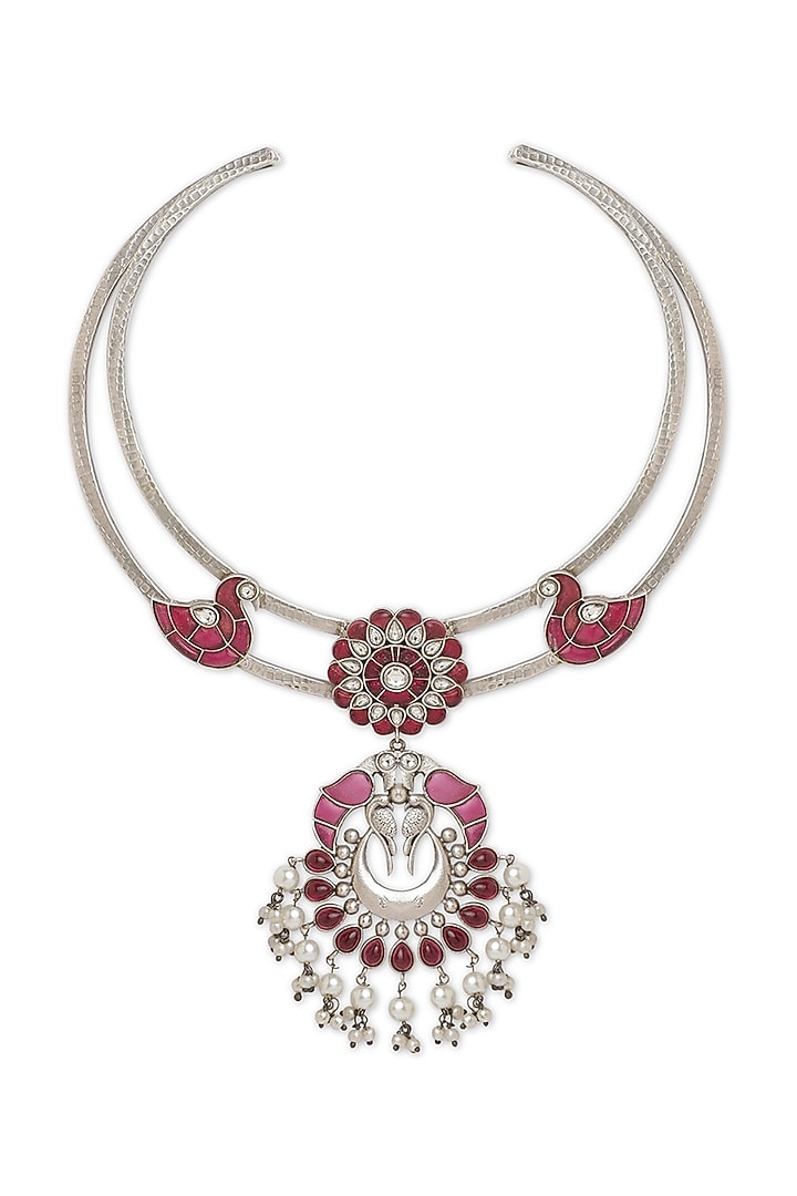 Oxidised Finish Floral & Bird Crescent Moon Pendant Necklace by Curio Cottage at Pernia's Pop Up Shop