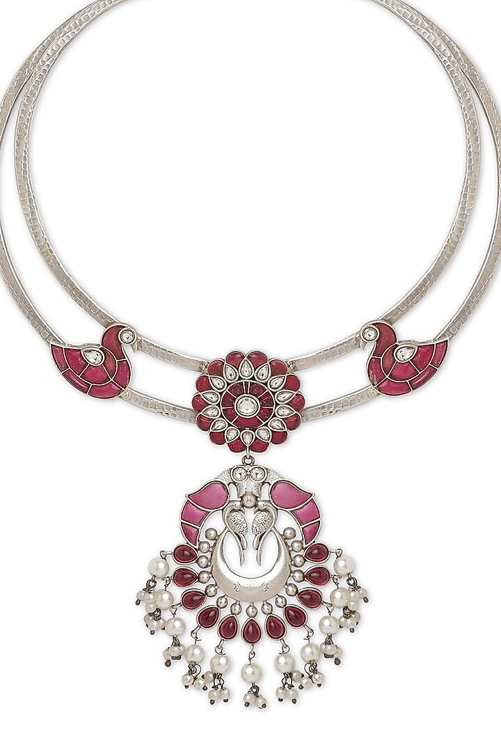 Oxidised Finish Floral & Bird Crescent Moon Pendant Necklace by Curio Cottage at Pernia's Pop Up Shop