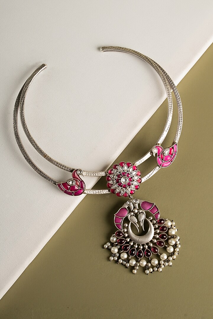 Oxidised Finish Floral & Bird Crescent Moon Pendant Necklace by Curio Cottage at Pernia's Pop Up Shop