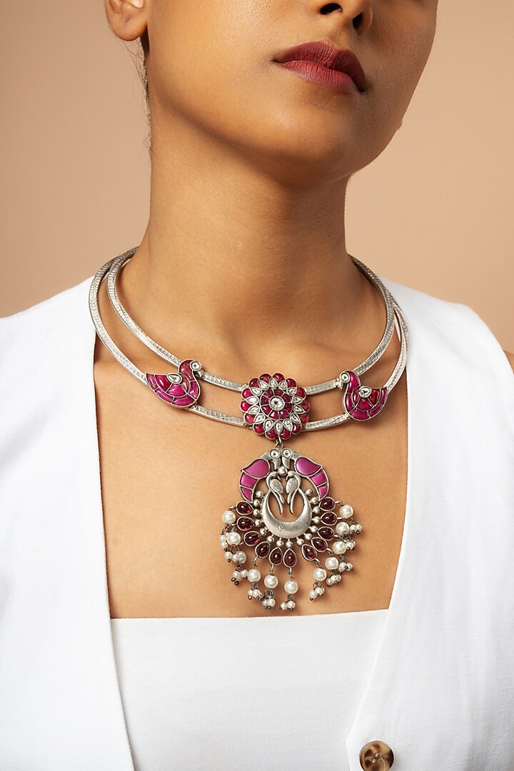 Oxidised Finish Floral & Bird Crescent Moon Pendant Necklace by Curio Cottage at Pernia's Pop Up Shop