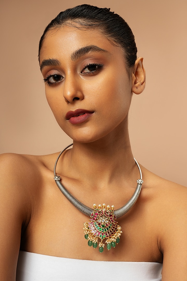 Silver Multi-Colored Semi-Precious Stone Choker Necklace by Curio Cottage at Pernia's Pop Up Shop