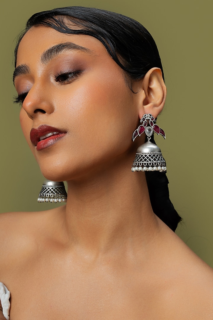 Oxidised Silver Pink Stone Jhumka Earrings by Curio Cottage at Pernia's Pop Up Shop