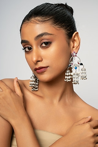 Silver Pearl & Multi-Colored Stone Jhumka Earrings by Curio Cottage