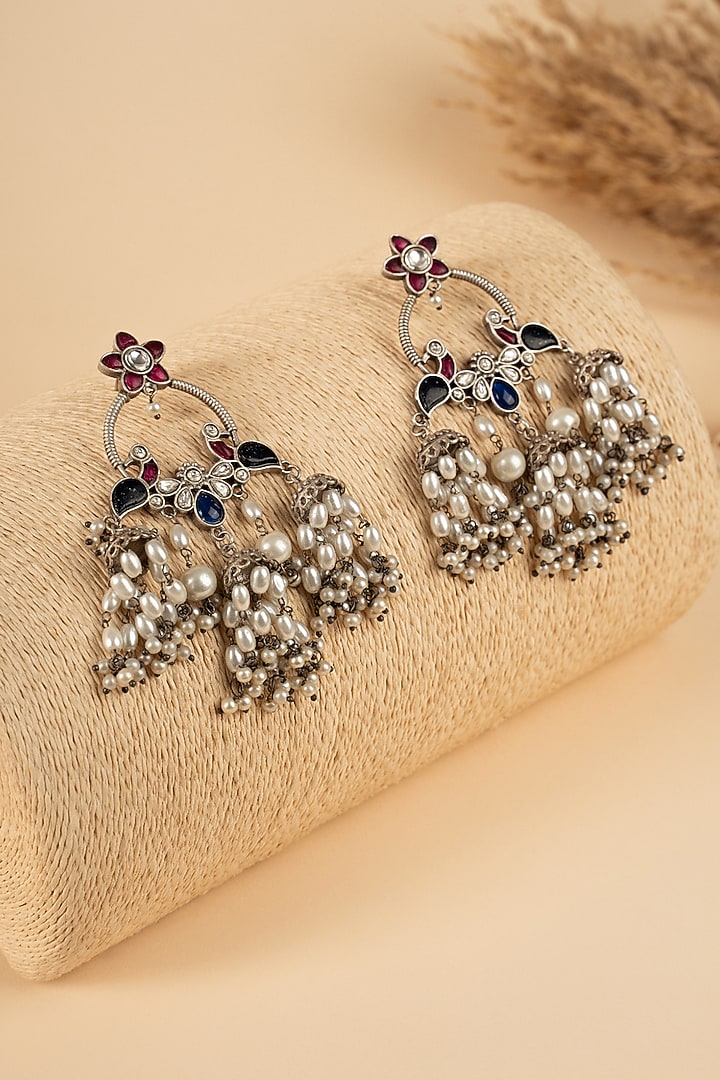 Silver Pearl & Multi-Colored Stone Jhumka Earrings by Curio Cottage at Pernia's Pop Up Shop