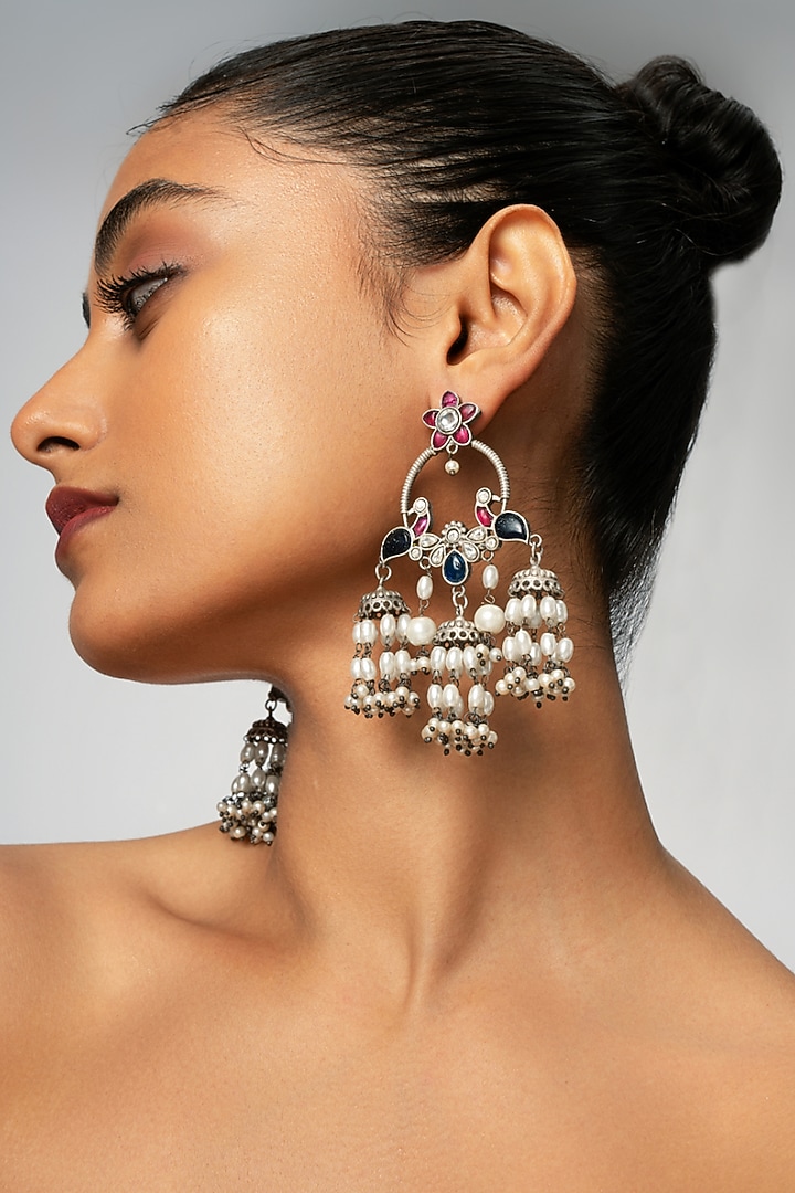 Silver Pearl & Multi-Colored Stone Jhumka Earrings by Curio Cottage at Pernia's Pop Up Shop