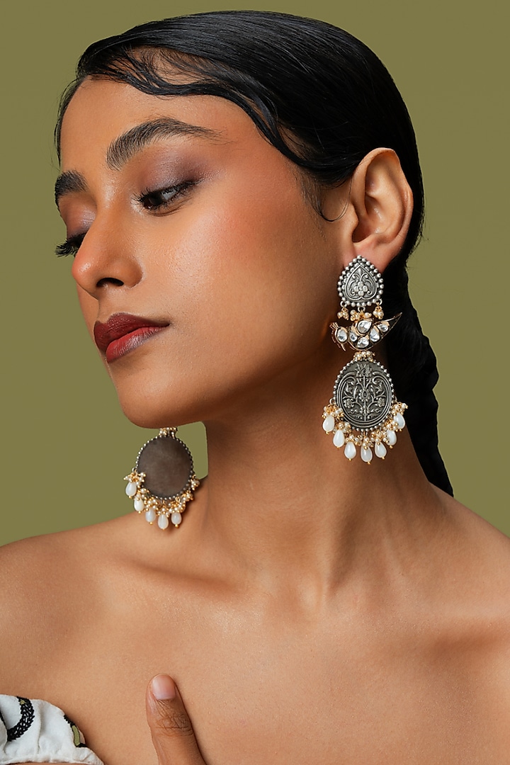 White Pearl & Kundan Songbird Dangler Earrings by Curio Cottage at Pernia's Pop Up Shop