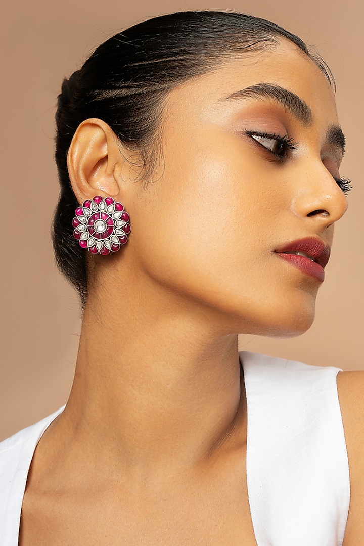 Pink Kundan Polki Floral Stud Earrings by Curio Cottage at Pernia's Pop Up Shop