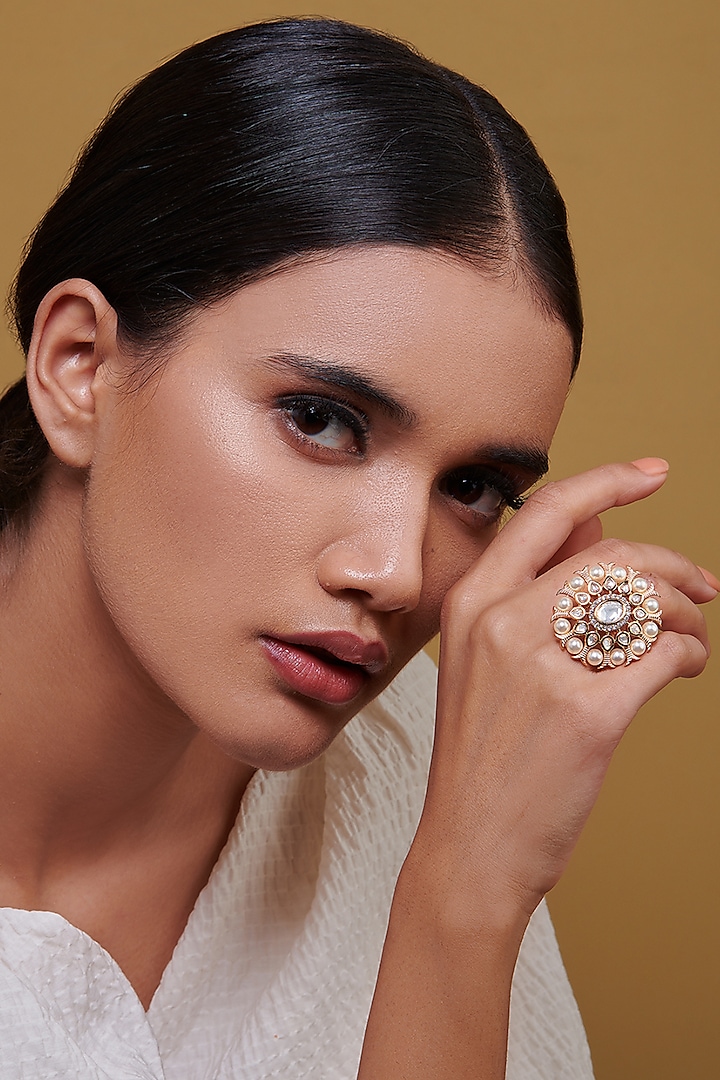 Gold Finish Floral Ring With Kundan Polki by Curio Cottage