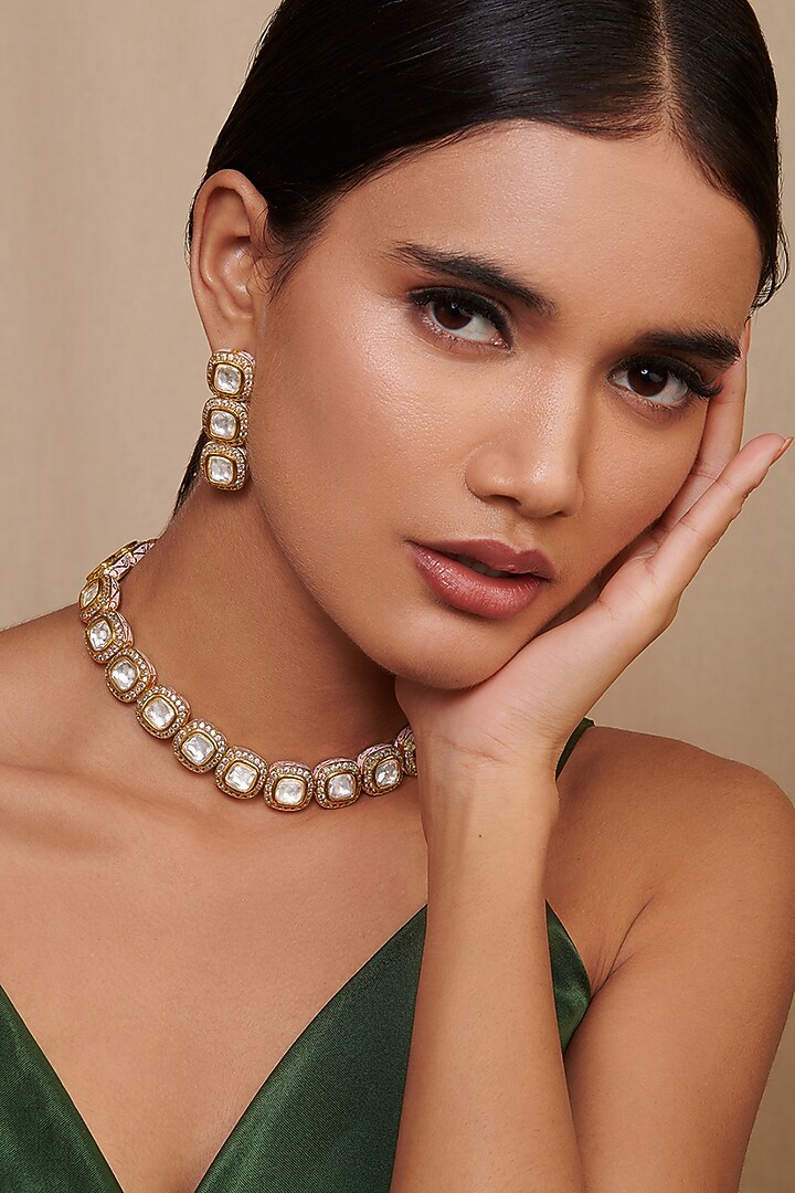 Gold Finish Handcrafted Pink Enameled Necklace Set by Curio Cottage at Pernia's Pop Up Shop