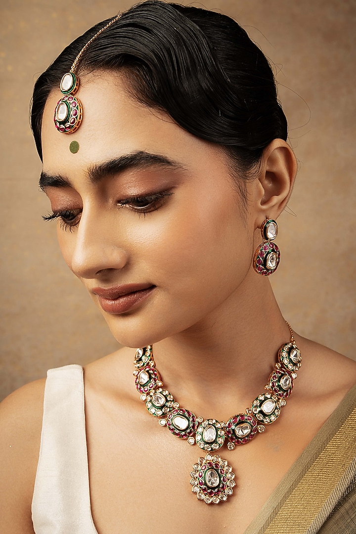 Gold Plated Kundan Polki Enameled Necklace Set by Curio Cottage at Pernia's Pop Up Shop