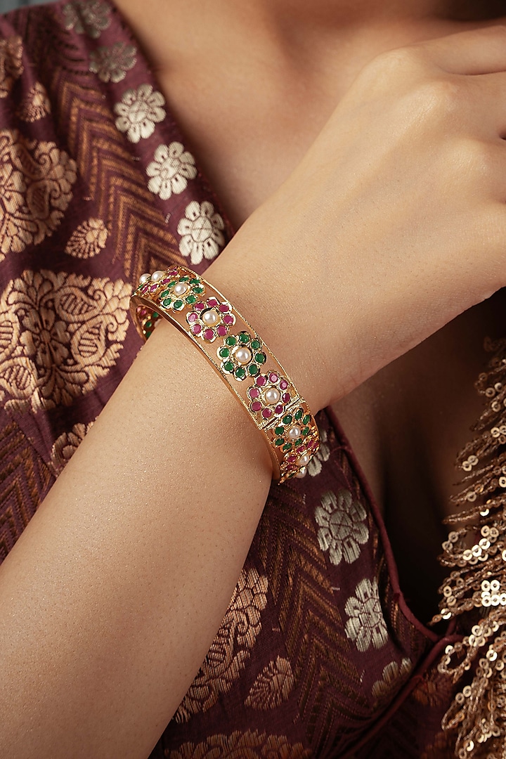 Gold Plated Multi-Colored Semi-Precious Stone Floral Bangle by Curio Cottage at Pernia's Pop Up Shop