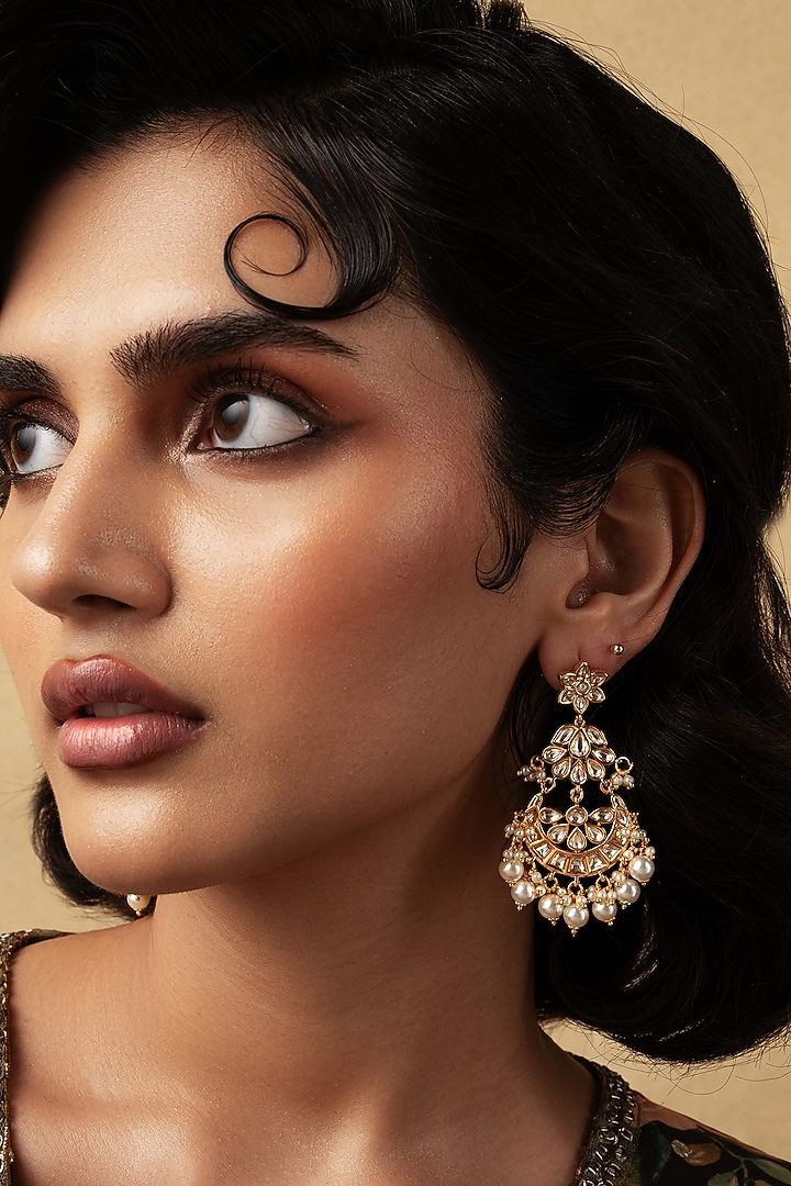 Gold Plated Kundan Polki & Pearl Chandbali Earrings by Curio Cottage at Pernia's Pop Up Shop