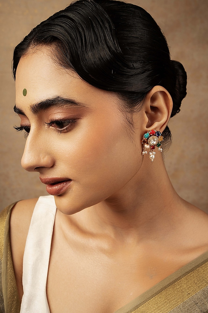 Gold Plated Navratna Stone Floral Stud Earrings by Curio Cottage at Pernia's Pop Up Shop