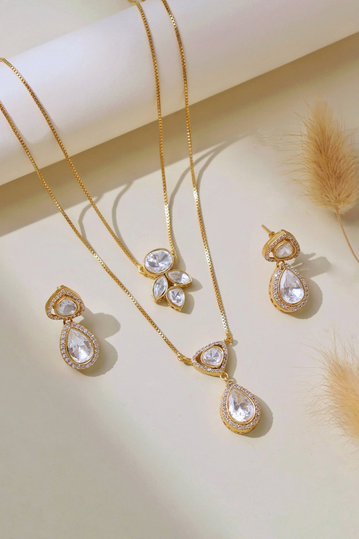 Gold Plated Polki Diamond Layered Necklace Set by Curio Cottage at Pernia's  Pop Up Shop