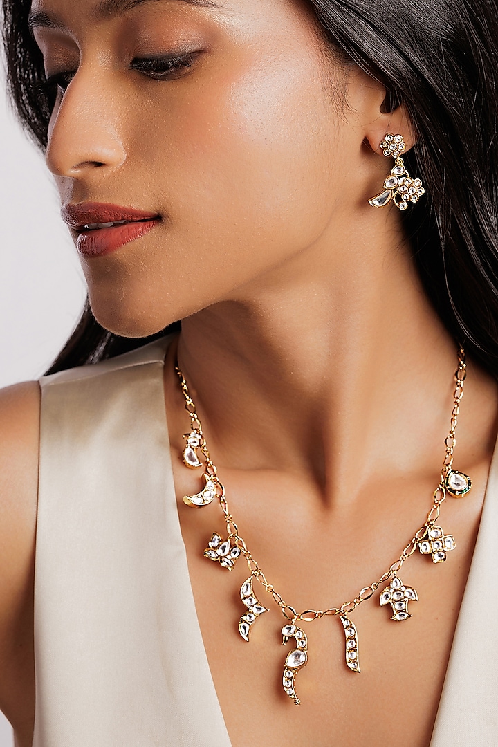 Gold Plated Kundan Polki Charm Necklace Set by Curio Cottage at Pernia's Pop Up Shop