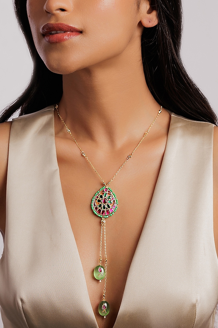 Gold Plated Kundan Polki Long Tassel Necklace by Curio Cottage at Pernia's Pop Up Shop