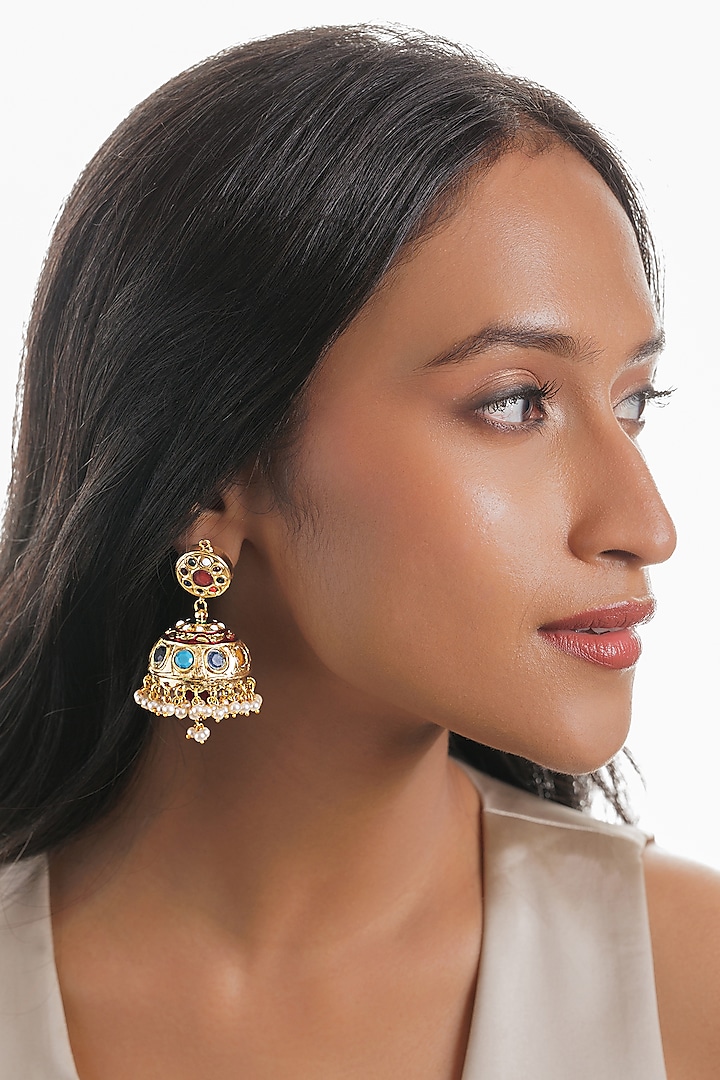 Gold Plated Navratna Stone Jhumka Earrings by Curio Cottage at Pernia's Pop Up Shop