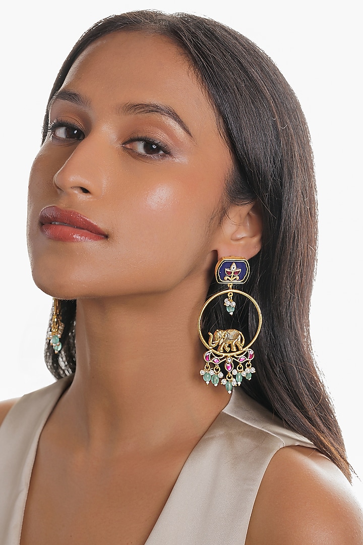 Gold Plated Tusker Motifs & Semi-precious Stone Chandbali Earrings by Curio Cottage at Pernia's Pop Up Shop