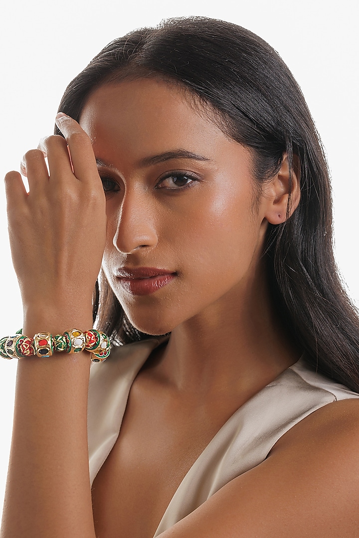 Gold Plated Navratna Orb Stone Enameled Bracelet by Curio Cottage at Pernia's Pop Up Shop