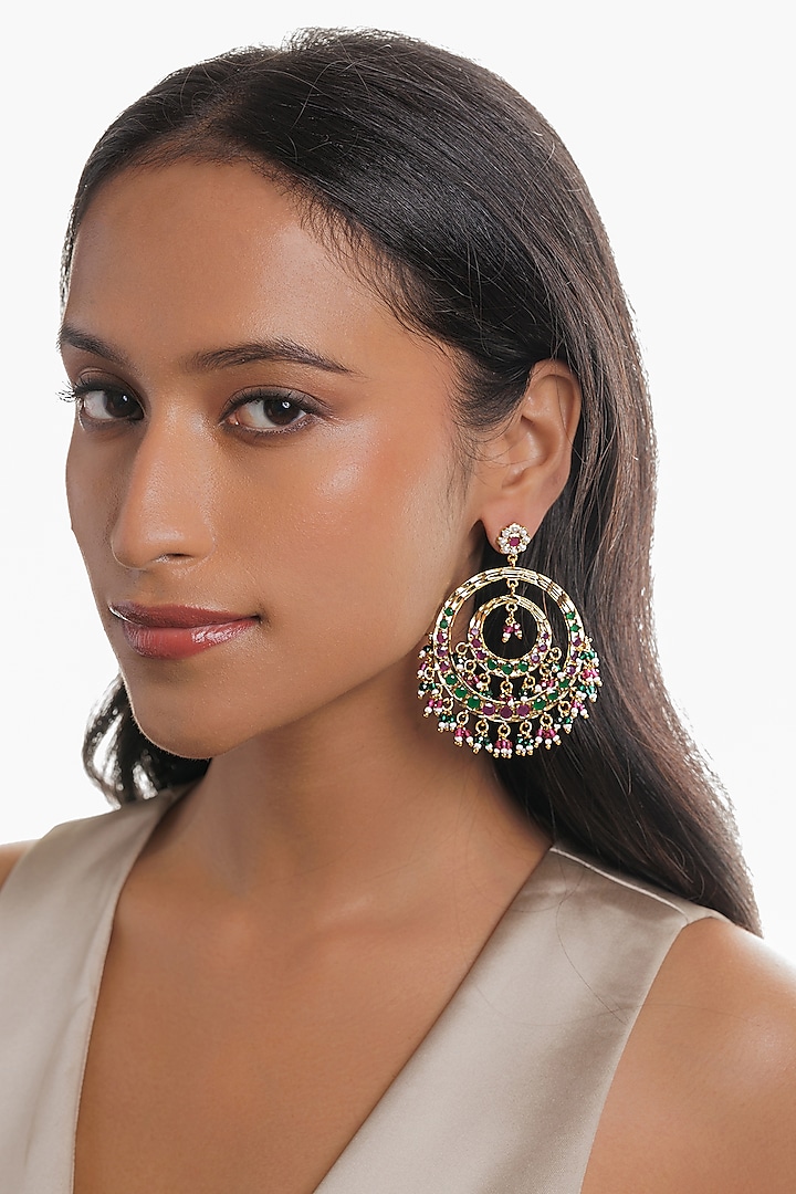 Gold Plated Semi-Precious Stone Jadau Chandbali Earrings by Curio Cottage at Pernia's Pop Up Shop