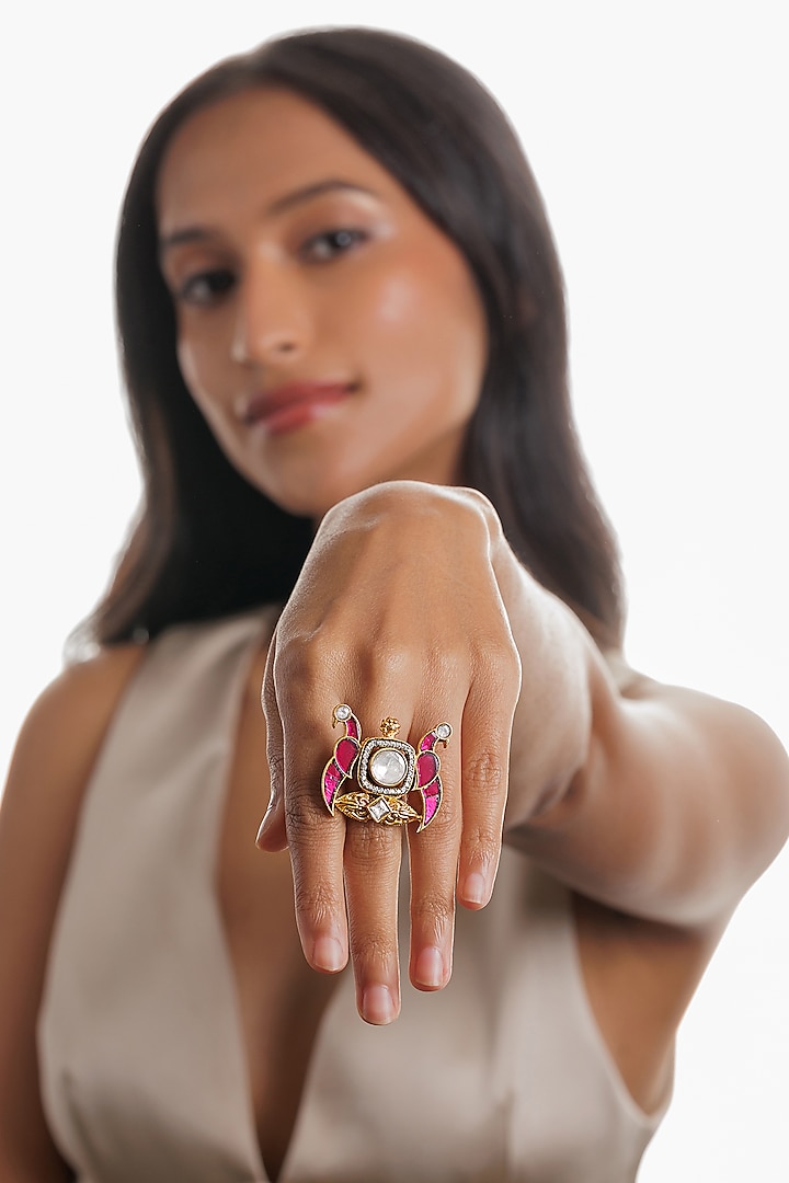 Gold Plated Pink Gemstone Peacock Ring by Curio Cottage at Pernia's Pop Up Shop