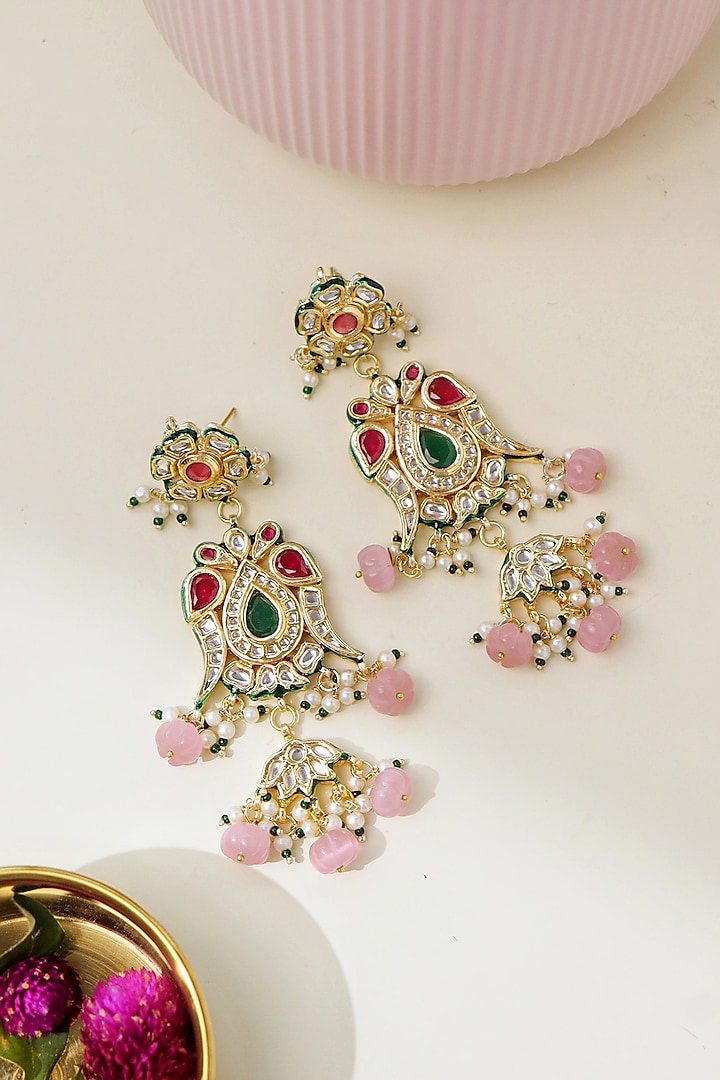 Gold Plated Pink Semi-Precious Stone Floral Dangler Earrings by Curio Cottage at Pernia's Pop Up Shop