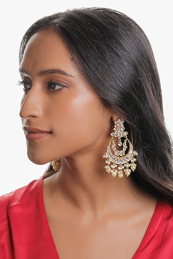 Gold Plated Kundan Polki Chandbali Earrings by Curio Cottage at Pernia's Pop Up Shop