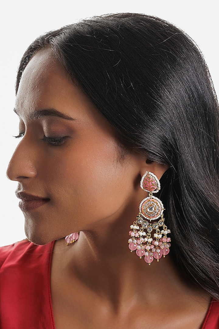 Gold Plated Pink Enameled Dangler Earrings by Curio Cottage at Pernia's Pop Up Shop