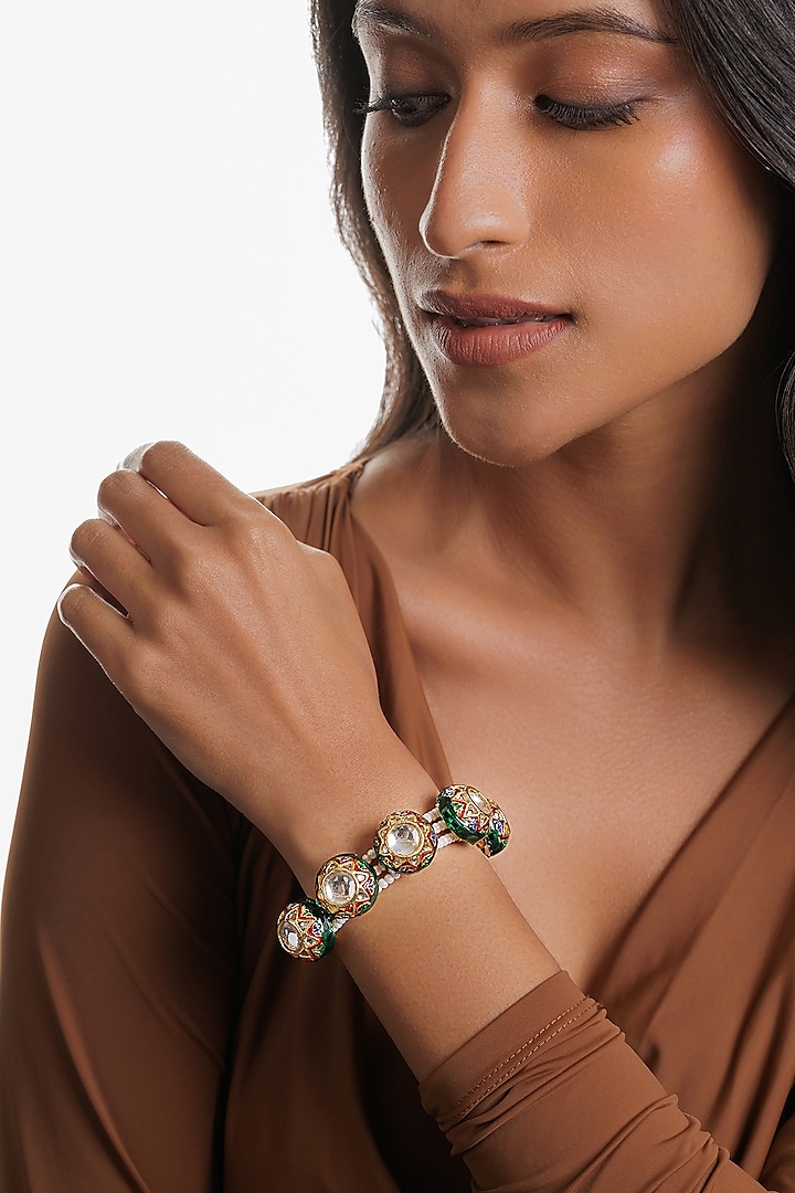 Gold Plated Kundan Polki Enameled Bracelet by Curio Cottage at Pernia's Pop Up Shop