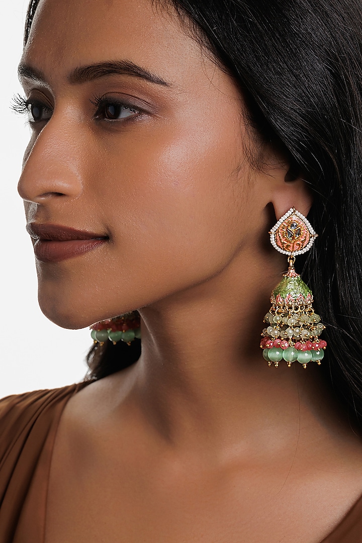 Gold Plated Semi-precious Stone Jhumka Earrings by Curio Cottage at Pernia's Pop Up Shop