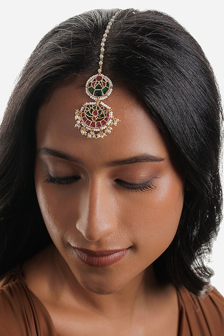 Gold Plated Kundan Polki Drop & Lotus Motif Maangtikka by Curio Cottage at Pernia's Pop Up Shop