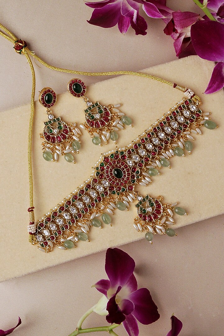 Gold Plated Multi-Colored Stone Choker Necklace Set by Curio Cottage at Pernia's Pop Up Shop