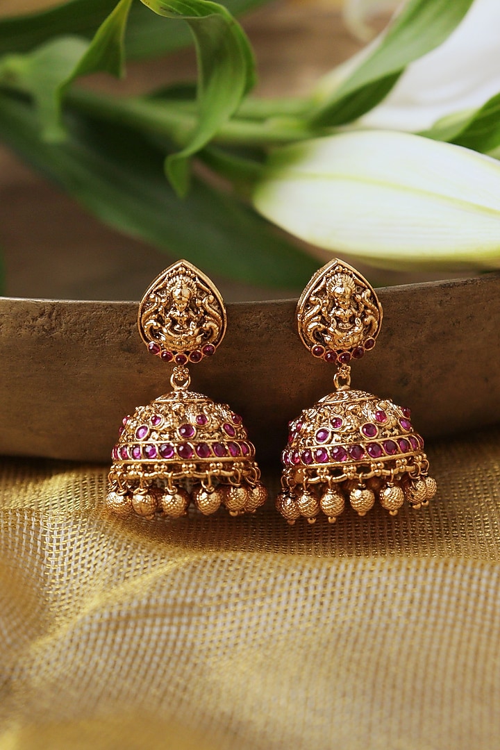 Gold Plated Semi-Precious Stone Jhumka Earrings by Curio Cottage at Pernia's Pop Up Shop
