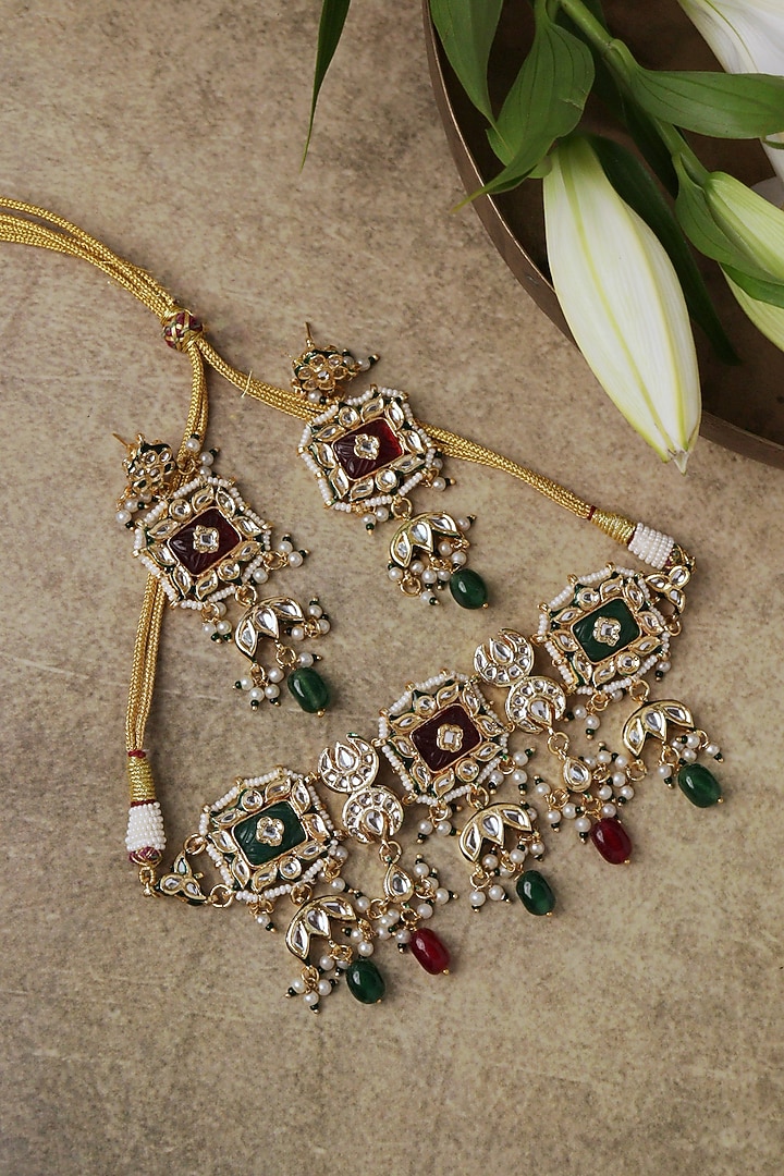 Gold Plated Kundan Polki & Emerald Stone Choker Necklace Set by Curio Cottage at Pernia's Pop Up Shop