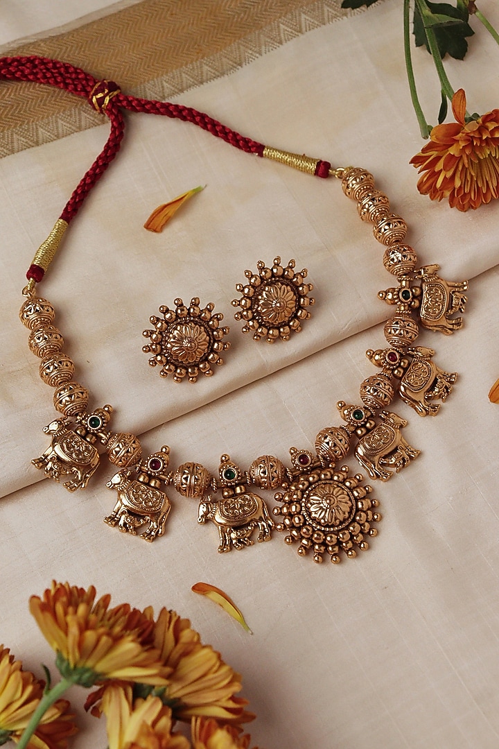 Gold Plated Red Gemstone Choker Necklace Set by Curio Cottage at Pernia's Pop Up Shop