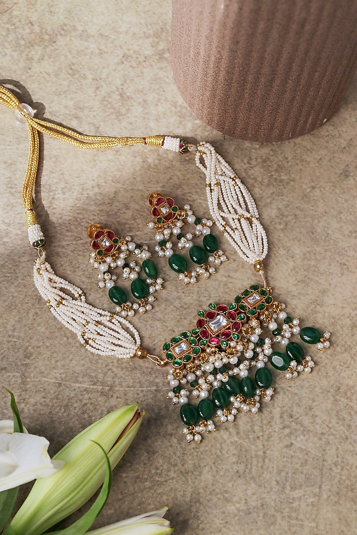 Gold Plated Semi-precious Stone Choker Necklace Set by Curio Cottage at Pernia's Pop Up Shop