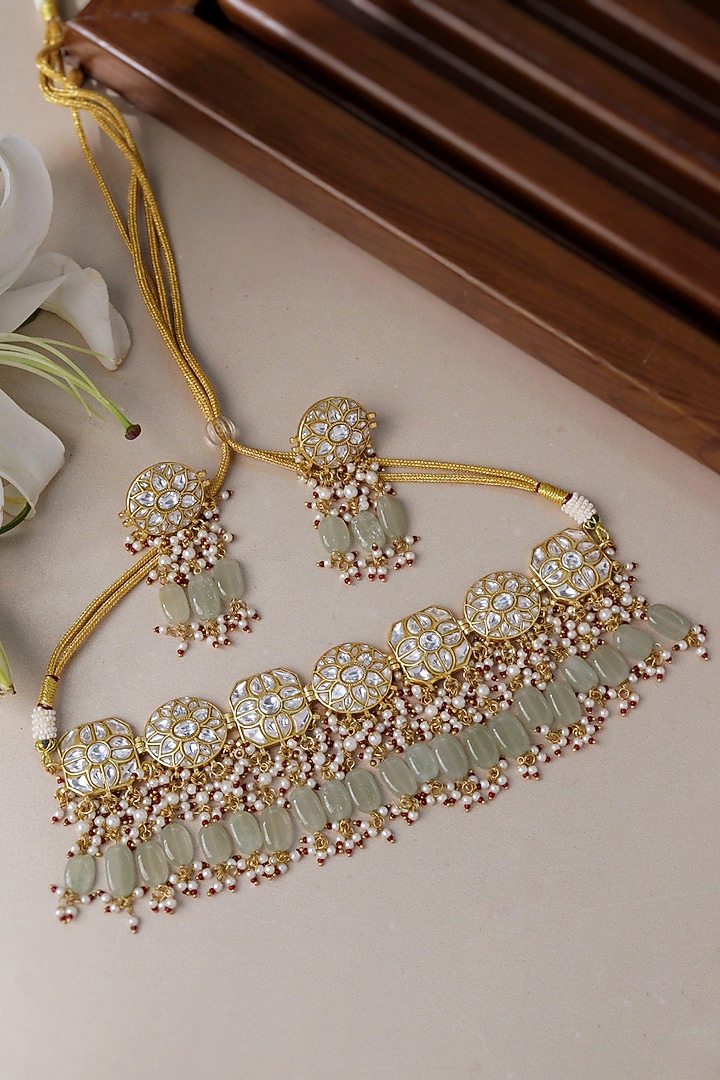 Gold Plated Kundan polki & Jade Stone Choker Necklace Set by Curio Cottage at Pernia's Pop Up Shop