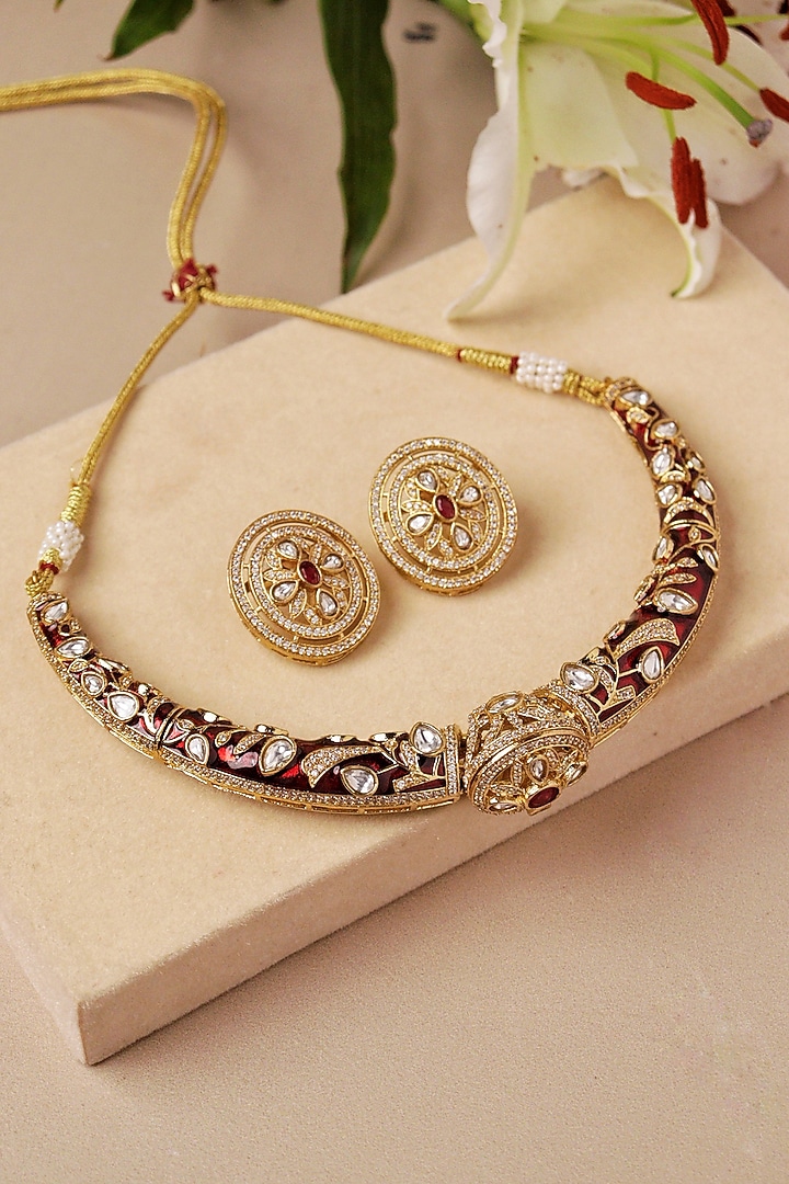 Gold Plated Kundan Polki & Ruby Stone Necklace Set by Curio Cottage at Pernia's Pop Up Shop