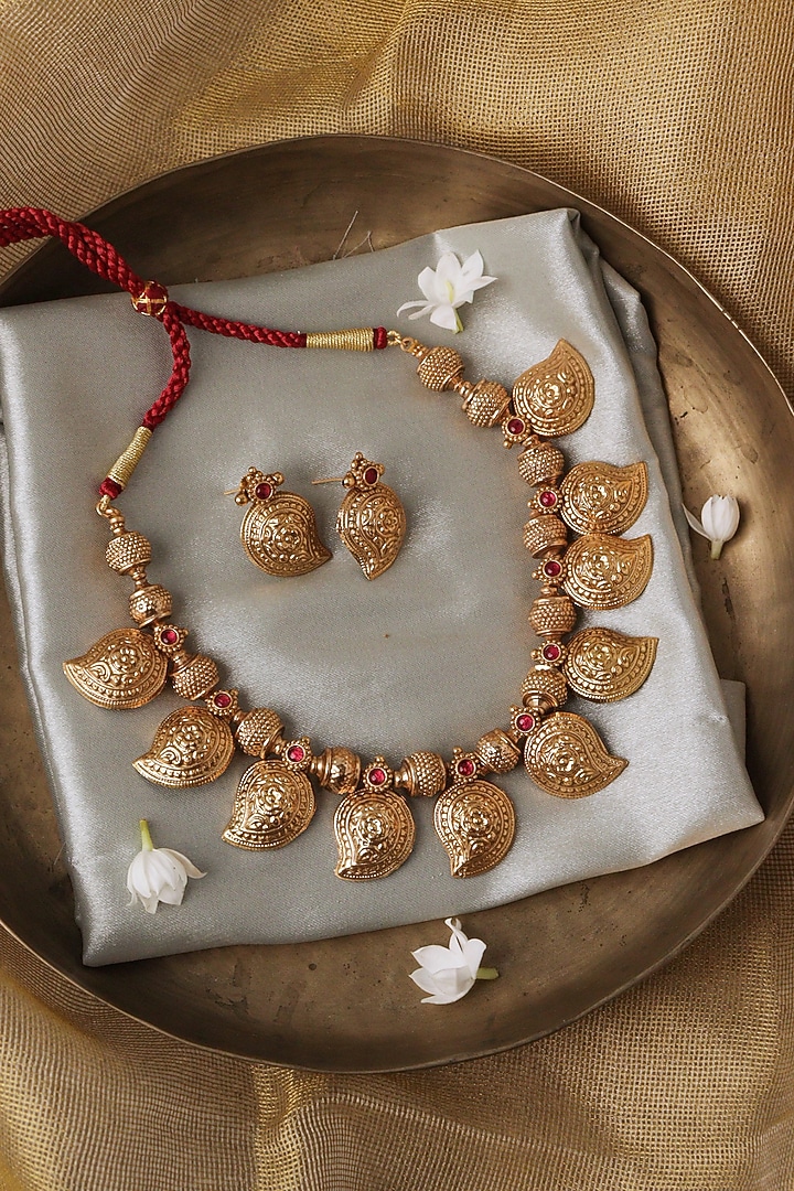 Gold Plated Semi-Precious Stone & Mango-Shaped Motif Necklace Set by Curio Cottage at Pernia's Pop Up Shop